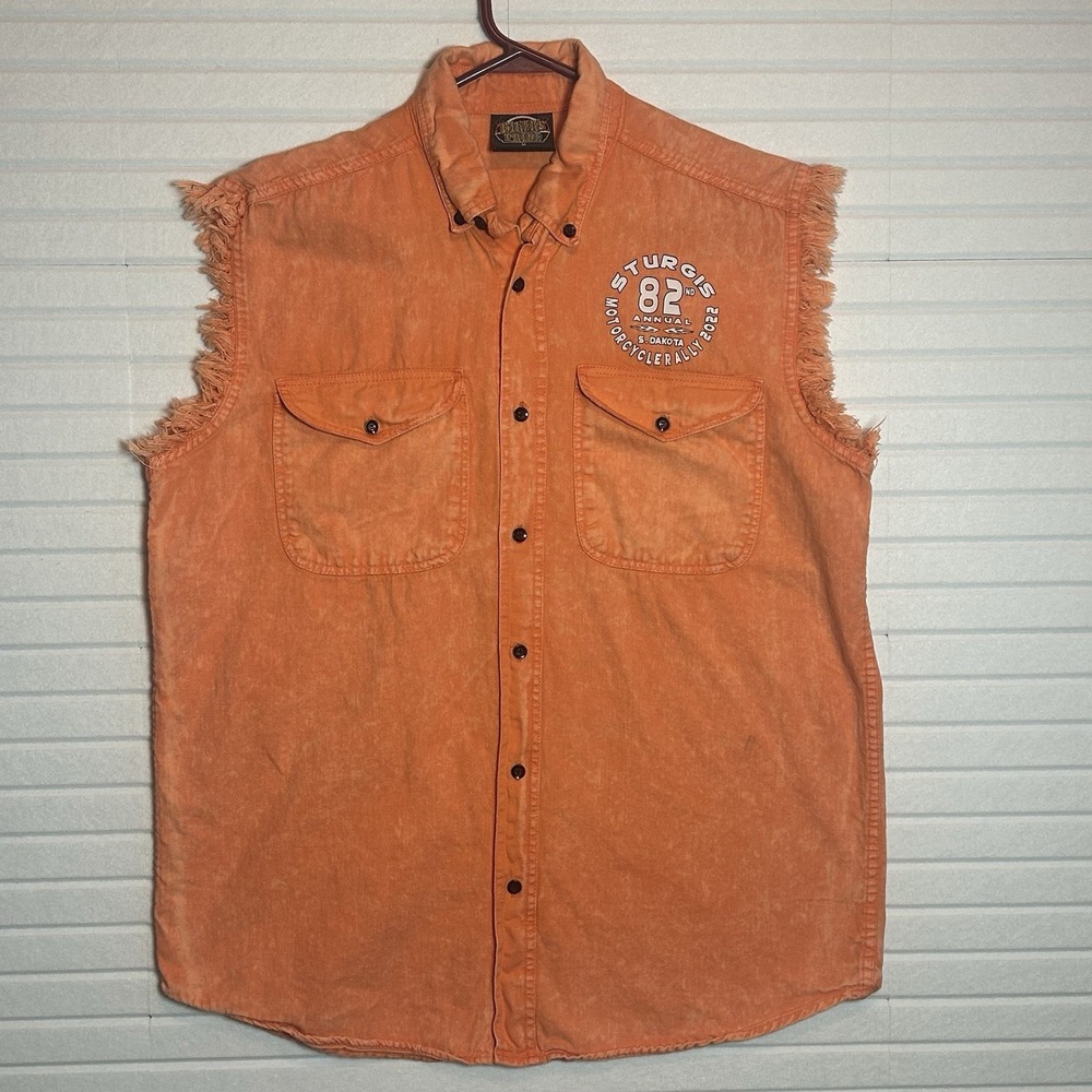 Sturgis 2022 Rally Shirt Men's Medium Orange Sleeveless Button-Up Biker Eagle
